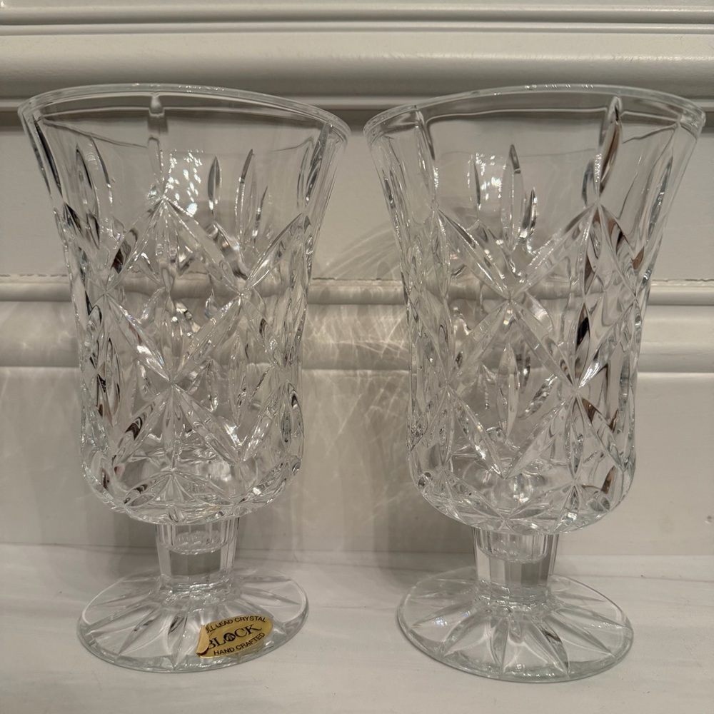 Vintage Pair Cut Crystal Pedestal Hurricane Vases | Heavy Lead Crystal Vase Pair - Picture 2 of 2